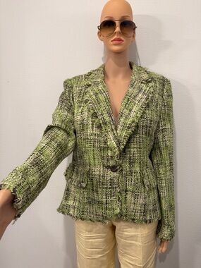 Green Tweed Frayed-Edge Women's Blazer Jacket